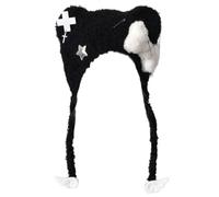 FANSHINUO Chapeau tricoté punk unique avec oreilles d'ours pour fille et femme - Chaud pour l'hiver et la neige - Pour le ski, le cyclisme - Chapeau d'hiver pour femme, Noir/lacets, Taille unique