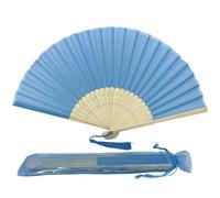 FANSOF.FANS Éventail à main pliable en tissu avec un pompon, baleines en bambou de qualité A pour femmes et filles, fête d'été, événement, faveur, cadeau d'anniversaire, de mariage, souvenir (bleu