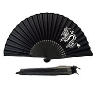 FANSOF.FANS Éventail pliable en tissu de soie noire avec pochette en bambou et baleines chinoises vintage pour filles et femmes (motif dragon)