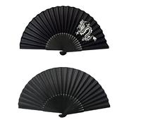 FANSOF.FANS Éventail pliable en tissu de soie noire avec une pochette en bambou et baleines chinoises vintage pour filles et femmes, cadeau de fête de mariage (noir simple et motif dragon)