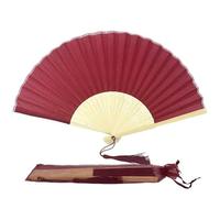 FANSOF.FANS Éventail pliable en tissu pompon, baleines bambou qual. A, femmes/filles, fête d'été, événement, anniversaire, mariage, cadeau souvenir (rouge foncé, bordeaux)