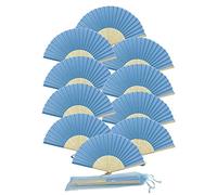 FANSOF.FANS, Lot de 10 éventails à main en tissu avec pompon et nervures en bambou de qualité A - Cadeau de fête et de mariage (bleu foncé - True Blue)