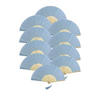 FANSOF.FANS Lot de 10 éventails portatifs en Tissu avec Pompon en Bambou de qualité A pour fête de Mariage Bleu pâle