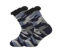 FANSU 1 Paires Chaussettes Chaussons Hiver pour Femme et Homme, Chaussettes Thermiques Antidérapantes Épaisses Douillettes Chaudes Pantoufles pour la Maison (Taille unique,Bleu camouflage)