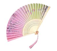 FANSU 2/4/6/8 Pièces Éventail Bois Tissu, Style Chinois Art Éventail Japonais Bambou Bois en Soie Pliants pour Mariage Danse Fêtes Été Anniversaire Evènement Extérieur (Vert,8 pièces)