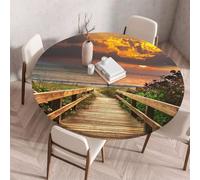FANSU 3D Moderne Nappe Ronde Exterieur avec Bord Élastique, Nappes Anti Taches Lavable, Nappes Extensible pour Salle à Manger, Jardin Décoration (Pont en Bois,150cm)