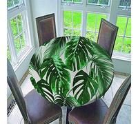 FANSU 3D Nappes Rondes Anti Taches, Bord Elastiqué Couverture Nappe Imperméable avec Imprimé Plantes Tropicales Polyester Nappes pour Salle à Manger/Jardin/Extérieur (Vert,150cm)
