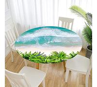 FANSU 3D Nappes Rondes Anti Taches, Imprimé Paysage Océan Bord Elastiqué Couverture Nappe Imperméable Polyester Protège Table pour Salle à Manger/Jardin/Extérieur (Vagues,Diamètre 90cm)