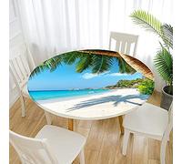 FANSU 3D Nappes Rondes Anti Taches, Imprimé Paysage Océan Bord Elastiqué Couverture Nappe Imperméable Polyester Protège Table pour Salle à Manger/Jardin/Extérieur (Cocotier,Diamètre 120cm)
