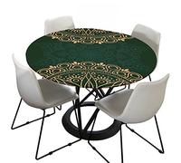 FANSU 3D Nappes Rondes Anti Taches, XXX Imprimé Protège Table avec Bord Élastique Imperméable Polyester Nappe Table pour Salle à Manger/Jardin/Extérieur (Mandala Vert foncé,Diamètre 120cm)