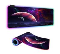 FANSU 3D Univers XXL Tapis de Souris Gaming RGB LED 14 Effets Éclairage Antidérapante Grand sous Main Bureau pour Clavier et Souris, USB- Mouse Pad pour PC Gamer (Planètes,800x300x4mm)