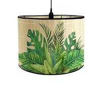 FANSU Abat-Jour en Bambou Classique Imprimé Plantes Vertes Tambour Abat-jour, Remplacement Abat, Jour Fait à la Main, pour Lampe de Table,Suspension,Lampe de Chevet,Lampadaire (feuilles tropicales)