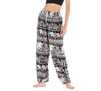 FANSU Boho Pantalons Femmes, Yoga Pilates Pants Lanterne Pants Sarouel Jogging Baggy Ethnique Floral Imprimer Sport Lâche Fitness (One Size,Éléphant Noir)