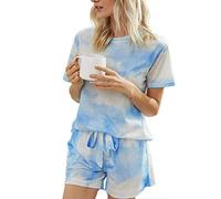 FANSU Ensemble de Pyjama pour Femme Été, Pyjamas à Manche Courte 2 pièces Imprimé Tie-Dye Mode Casual Set Vêtements de Nuit avec Short à Cordon Sleepwear (Bleu Ciel,M)