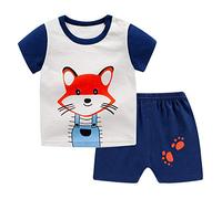 FANSU Ensembles de Pyjama Bébé 2 Pièces, Pyjama d'été Ensembles 2-7 Année Garçon Fille Coton Imprimé de T-Shirt à Manches Pyjamas de Bande Dessinée sous-Vêtements (80cm,Renard Bleu foncé)