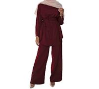FANSU Femmes Musulmanes 2 pièces Ensemble Costume Hauts Pantalons Couleur Unie Couverture Complète à Manches Longues Dubaï Moyen Orient Robe Vêtements de Sport Survêtement Tenue