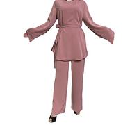 FANSU Femmes Musulmanes 2 pièces Ensemble Costume Hauts Pantalons Couleur Unie Couverture Complète à Manches Longues Dubaï Moyen Orient Robe Vêtements de Sport Survêtement Tenue