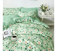 FANSU Housse de Couettes Parure de Lit 4 Pièces, Microfibre Modèle de Floral Ensemble de Literie avec 2 Taies d'oreillers et 1 Drap de lit (Fleur Verte,140x200cm)