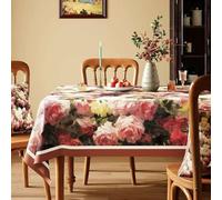 FANSU Nappe Exterieur Toile Cirée Impermeable, Style Peinture à l'huile Nappe Plastique PVC Anti Tache Rectangulaire pour Fête Jardin Salle à Manger Cuisine Salon (Fleur de Rose A,140x220cm)