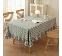 FANSU Nappe Rectangle à Volants, Coton et Lin Lavable, Nappe Rustique à Bord Froncé pour Table de Salle à Manger, Cuisine, Mariage, Fête, Rectangle/Ovale/Carré (Carreaux Verts,140 * 180CM)