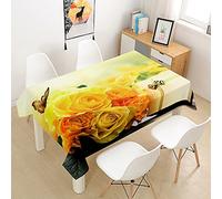 FANSU Nappe Rectangulaire Anti Tache, 3D Rose Romantique Nappe de Table Imperméable Résistant Lavable Nappe pour Cuisine Restaurant Jardin Intérieur Extérieur Décoration (Rose Jaune,140x180cm)