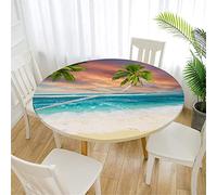 FANSU Nappe Ronde avec Bord Élastique, 3D Océan Paysage Ronde Nappe de Table Anti Taches Imperméable Couverture de Table Décorations pour Cuisine Jardin (Diamètre 150cm,Coucher Soleil cocotier)