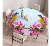 FANSU Nappe Ronde avec Bord Elastique, Nappe en Polyester Exterieur Jardin avec Motif 3D Anti Taches Lavable pour Cuisine Salle à Mangerr Fête Table (Oiseau Gris-Jaune,120cm)