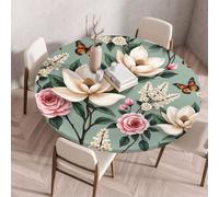FANSU Nappe Ronde Exterieur avec Bord Élastique, Motif végétal Nappes Anti Taches Lavable, Nappes Extensible pour Salle à Manger, Jardin Décoration (Fleur 9,200cm)