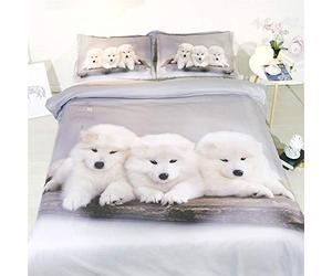 FANSU Parure de lit 3 pièces pour 2 Personnes à Motif Chiot Impression 3D Housse de Couette en Microfibre avec 2 Taies d'oreiller Husky Samoyed Golden Retriever