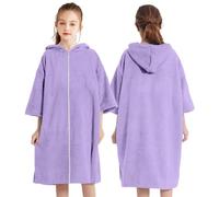 FANSU Poncho de Bain Enfants Garçons Filles Grande Taille, Poncho de Bain Surf Séchage Rapide Microfibre Serviette de Plage avec Capuche et Fermeture Éclair pour Natation, Surf (Violet,63x85cm)