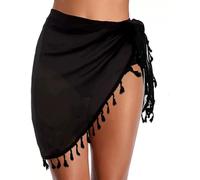 FANSU Sarong Court Femme, 2PCS Pareo Femme Plage Court avec Pompons Cache Maillot Paréo Été en Chiffon Hawaïenne Sarong Beach Wrap Cache Maillot de Bain (Noir,Taille Unique)