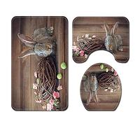 FANSU Tapis de Bain Anti-Glissant Ensemble Rideau de Douche Salle de Bain Tapis, Impression de Pâques WC Tapis de Bain Antidérapant Couvre Couverture de Toilette Siège (Lapin,3 pièces)