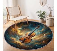Fantaisie Ciel Étoilé Musique Antidérapant Tapis Rond 160 cm, Jaune Bleu | Romance Violon Cosmique Lavable en Machine Tapis Rond, Moquette de Salon et Chambre Doux pour Intérieurs décoration