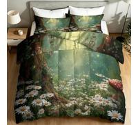 Fantaisie Couette 4 Saisons Réversible Sans Housse 220 x 240 cm, Hypoallergénique Lavable Couette Double Face Matelassée Forêt Secrète Esthétique Fleurs Mousse Décoratif pour Lit 2 Personnes, Vert