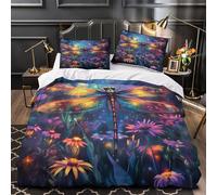 Fantaisie de libellule 3D Imprimé Housse de couette 3 pièces Microfibre éclair caché illustration de jardin magique Drap de couette 2 taies entretien facile filles enfants Single (135x200cm)
