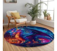 Fantaisie Lavable Tapis Rond 160 cm, des Couleurs Éclatantes des Néons Grand Dragon Motif Doux Antidérapant Tapis à Poils Courts, Bleu Foncé Flanelle Paillasson pour Chambre Salon Cuisine Bureau