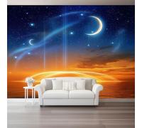 Fantaisie Papier Peint Panoramique, 400 x 280 cm | Décoration Murale Ciel Étoilé Lune Étoiles Coucher De Soleil Format, Murales Papier Peint Intissé pour Chambre Salon