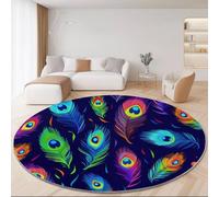 Fantaisie Tapis Rond 180 Cm Plumes De Paon Plumes Oculaires Et Plumes Colorées Doux Et Antidérapant À Poils Courts Lavable en Machine pour Salon Chambre À Coucher Salle Coloré