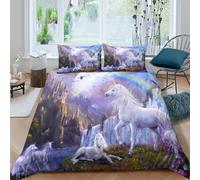 Fantaisie Unicorn Linge de Lit résistante 3 pièces 3D Imprimée Entretien Facile Magical Landscape Art Ensemble De Literie avec Taie d'oreiller for Décoration de Chambre Double（200x200cm）