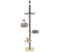 FANTASK Arbre à Chat Haut à 5 étages - Meuble d'escalade en Bois - du Sol au Plafond - avec lit en Peluche, hamac et Plateformes - 236 à 271 cm - Gris
