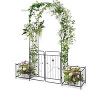 FANTASK Arche de Jardin en métal avec Porte et 2 Pots de Fleurs - Noir