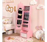 FANTASK Armoire à bijoux 2 en 1 pour enfants, armoire à miroir inclinable avec miroir intégral, tiroir et panier de rangement, présentoir à bijoux, miroir de maquillage pour enfants à partir de 3 ans