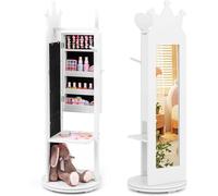 FANTASK Armoire à bijoux pour enfant rotative à 360°, armoire à miroir 4 en 1, avec miroir pleine longueur et porte-vêtements, organisateur de bijoux pour fille en blanc, porte-bijoux pour enfant à
