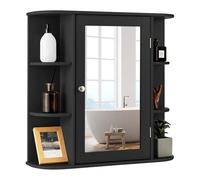 FANTASK Armoire de Salle de Bain en Bois avec 4 Compartiments et 6 étagères Ouvertes, Armoire de Salle de Bain Suspendue avec Miroir, 66 x 17 x 63 cm, Noire