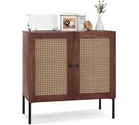 FANTASK Buffet avec 2 Portes en rotin - Armoire de Cuisine en Bois Noyer - Commode Industrielle avec Plan de Travail et étagères réglables - 80 x 40 x 80 cm