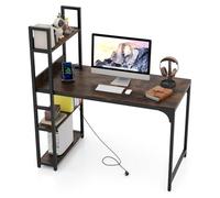 FANTASK Bureau avec bibliothèque Ouverte, Cadre en métal, Port USB et Prise de Courant, 120 x 65 cm, pour Bureau et Salon, Marron