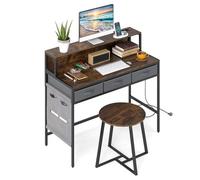 FANTASK Bureau d'ordinateur Multifonction avec Prises de Courant, Bureau Pratique avec Support, tiroirs en Tissu et Poches latérales, Coiffeuse avec Tabouret pour Le Travail et Le Salon (Marron)