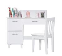 FANTASK Bureau pour Enfant en Bois avec Chaise, Table d'apprentissage Multifonction avec étagère, étagère Ouverte et Armoire de Rangement, Bureau pour Dessiner, Lire (Blanc)