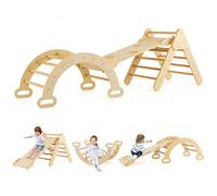 FANTASK Cadre d'escalade 4 en 1 avec Toboggan, Triangle d'escalade en Bois avec Rampe Double Face, Arche d'escalade et balançoires, Triangle de Jeux pour Enfants à partir de 1 an, Naturel