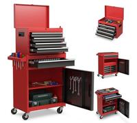 FANTASK Chariot d'atelier verrouillable sur Roues - Servante à Outils Professionnelle 2 en 1 avec Mallette et 8 Compartiments, Crochets et étagère réglable - 59 x 28 x 102 cm - Rouge